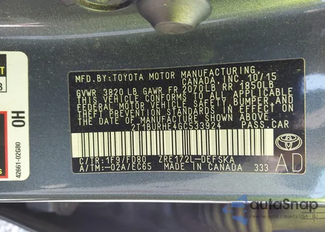 2016 Toyota Corolla S Plus из США, поврежденный, VIN 2T1BURHE4GC533924